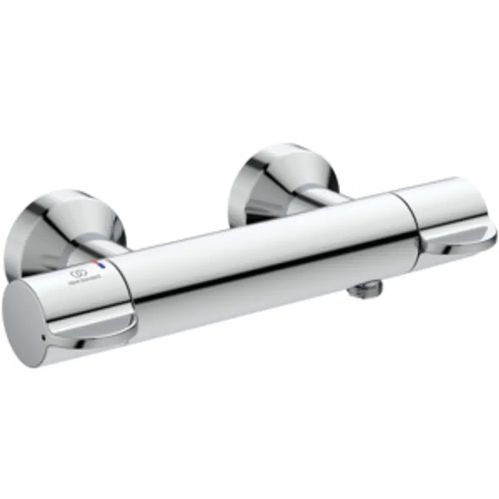Thermostat von Ideal Standard mit zwei Griffen zur Temperatureinstellung und zwei Anschlussrosetten, montiert an einer Wand, in glänzendem Chrom-Finish.